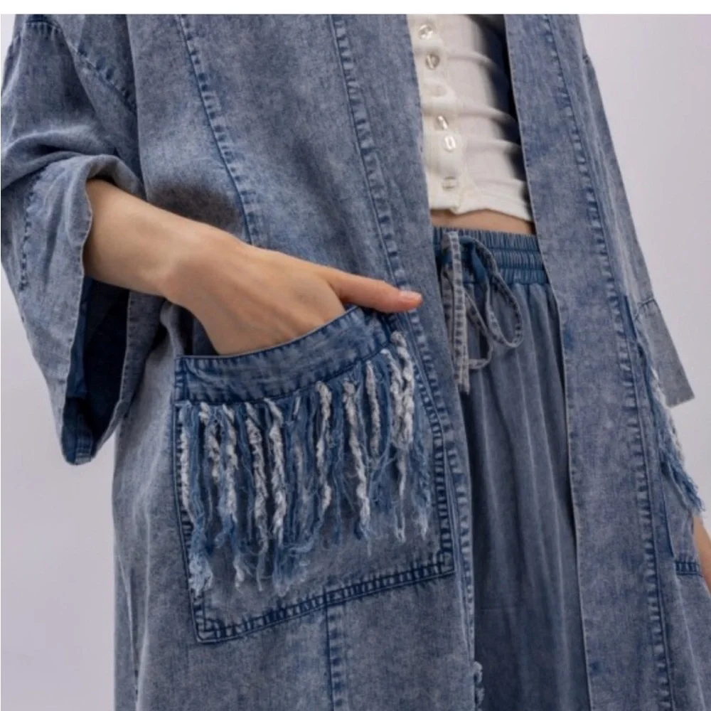 Blue Velvet Star Patchwork kimono top Women's Blue Denim Jacket with Star fringe - Picture 5 of 5